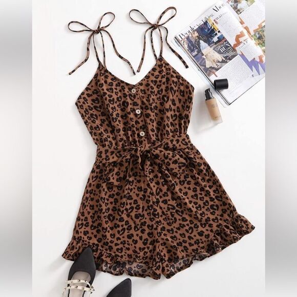 SHEIN Plus Tied Shoulder‎ Ruffle Hem Leopard Belted Cami Romper 2XL - Picture 1 of 11